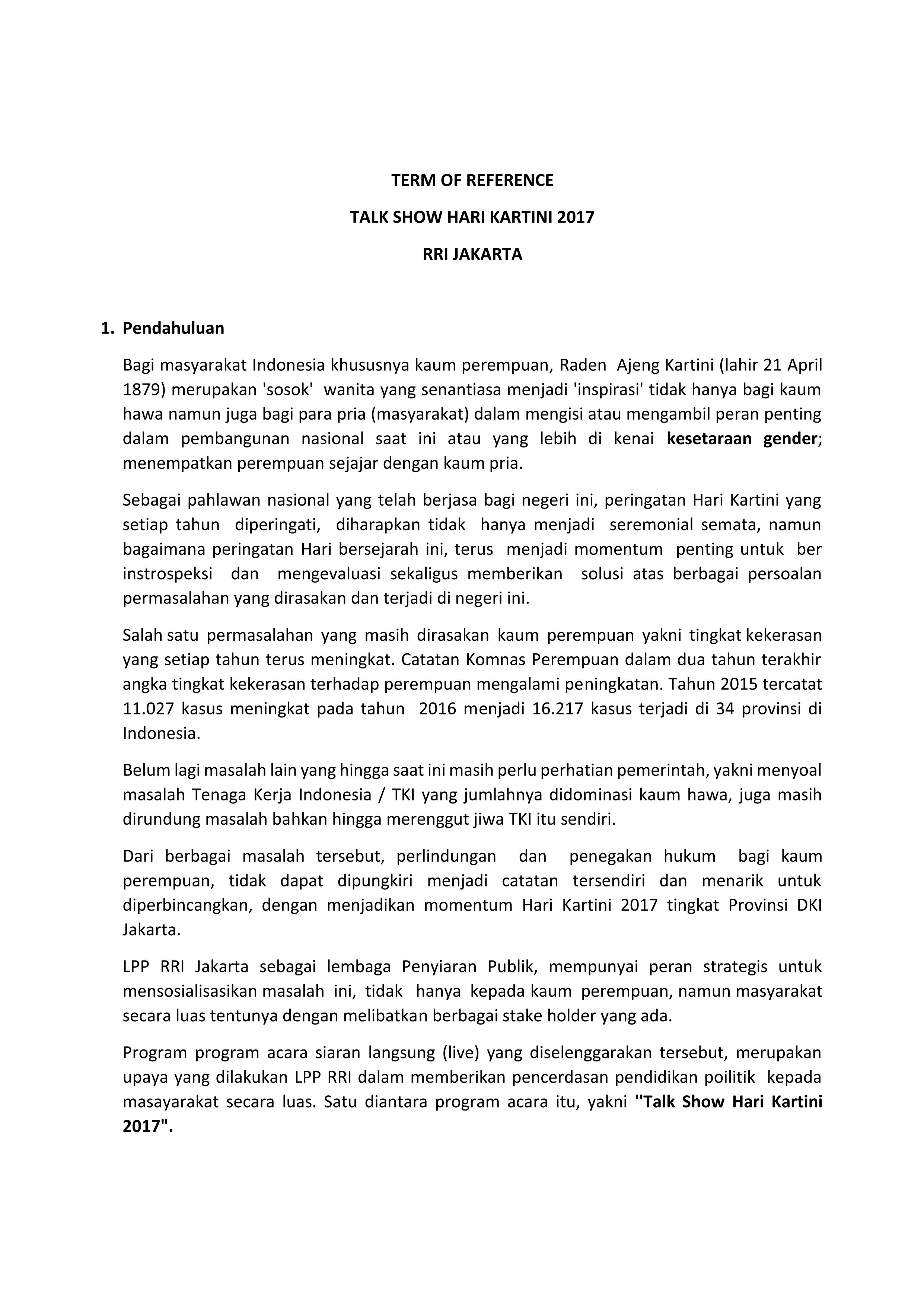 Term Of Reference Talk Show Hari Kartini 2017 Rri Jakarta